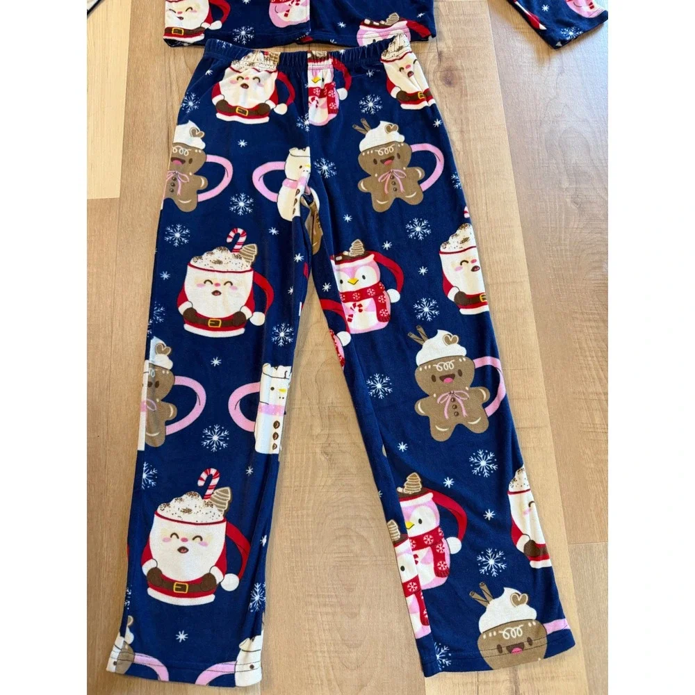 Jellifish Kids Holiday Pajamas Set Navy Blue Santa Snowman Fleece Size M 7/8
